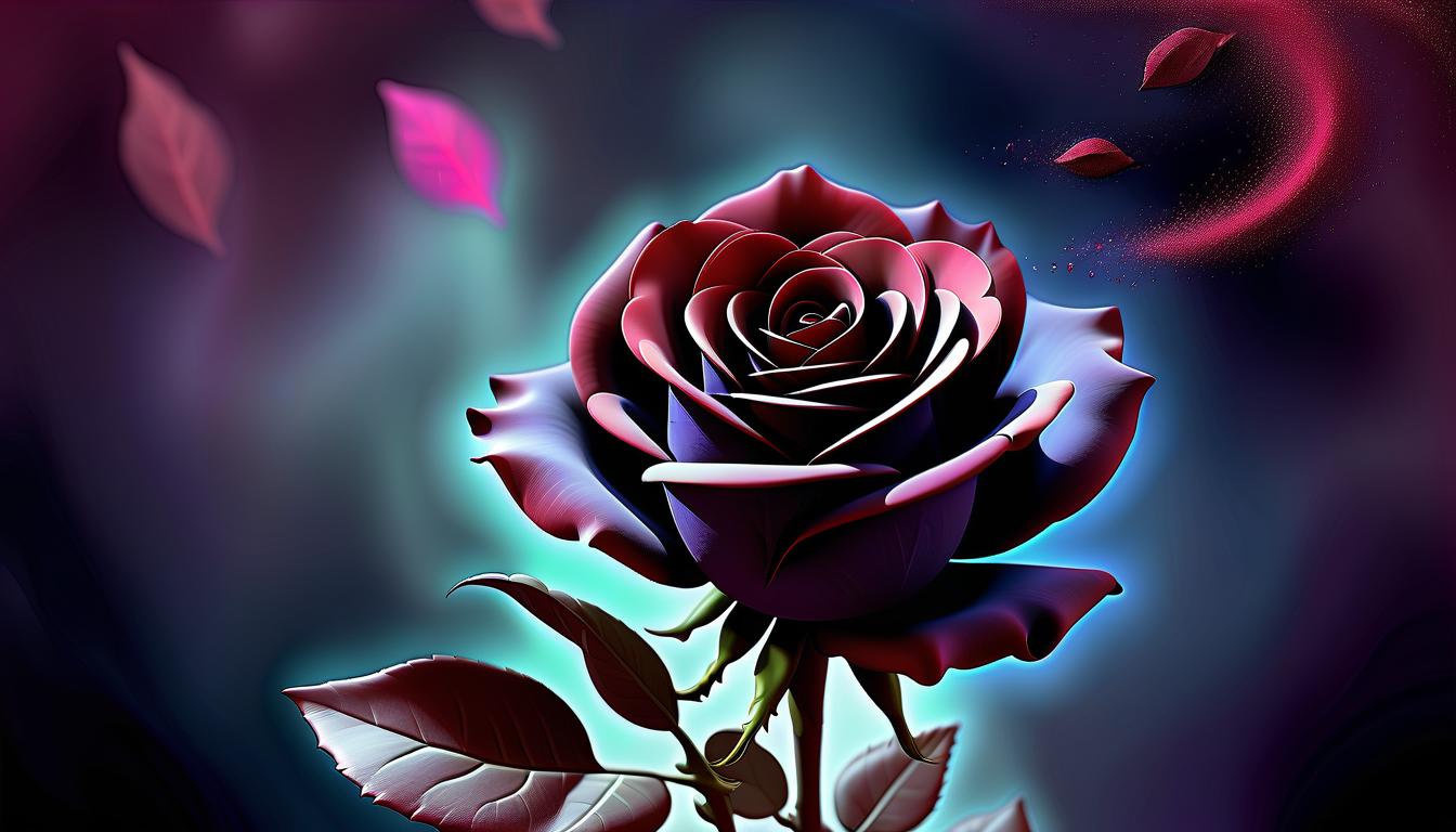  breathtaking create an image of a blooming red rose with a gradient from bright scarlet to deep burgundy, located in the center of the composition. the stem and leaves of the rose should be dark green, almost black in color, creating a contrast with the bright flower. the rose is shrouded in shimmering fairy dust, like stardust, giving it a mysterious radiance. the background is dark, contrasting, with blurred silhouettes of other colors in the background. individual petals of various shades float in the air, from dark purple to rich indigo, creating a feeling of magic and mystery. the overall color scheme varies from deep green tones to almost black, emphasizing the brightness and beauty of the central rose. . award winning, professional, 