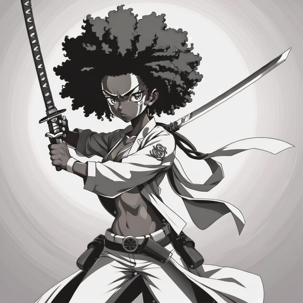  line art drawing afro samurai girl with katana and handgun, battle stance, same nightmare. anime style . professional, sleek, modern, minimalist, graphic, line art, vector graphics