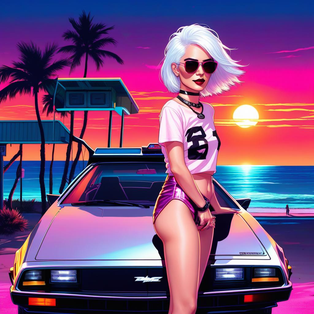  a woman with white hair, a short pixie haircut in sunglasses, a top top t shirt, with a choker around her neck, stands against a neon sunset in full height near a delorean dmc 12 car. seaside, palm shade. neon sunset. in the sky neon sign "neon cherry". digital photo. high detail. high realism.