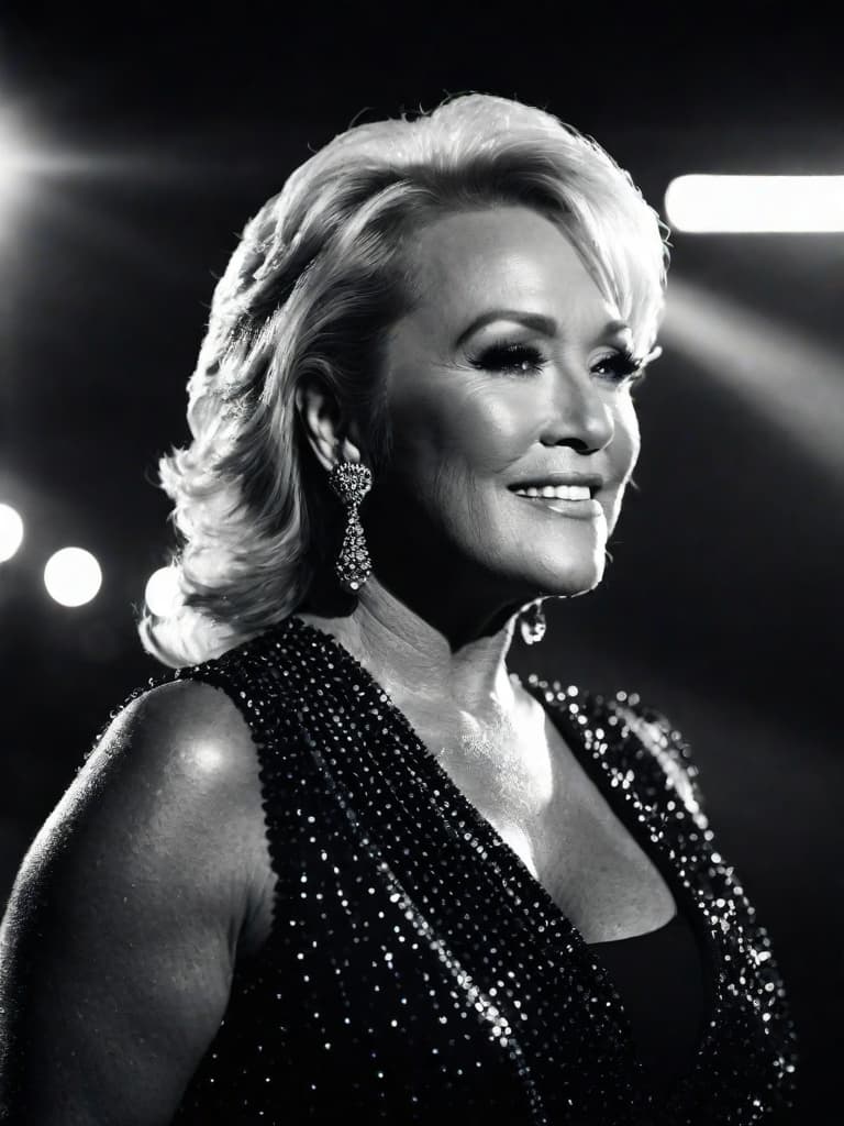  A younger country singer Tanya Tucker, medium shot, upper body, spotlight, long exposure lighting, street art style spray paint, glamour lighting