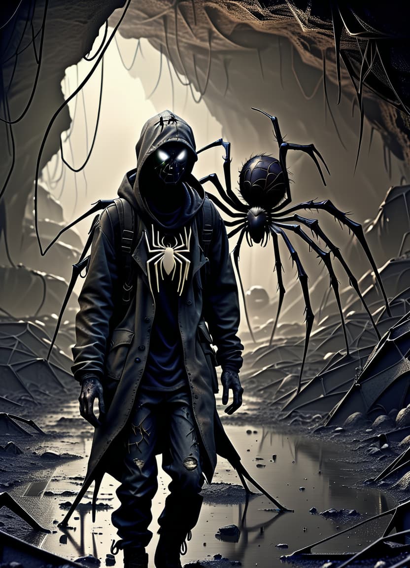  dystopian style make him a spider's body instead of his legs, and behind him a cave full of spiders and webs . bleak, post apocalyptic, somber, dramatic, highly detailed