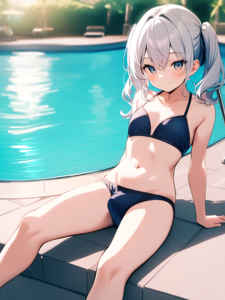  women's elementary students, twin tails, rich smiles, cute smiles, navy blue swimwear, old swimwear, swimwear, simple, male, shaped clear , shaped clear, clear stem, shaped crisp, male bulge,, front. the whole body, pool side,