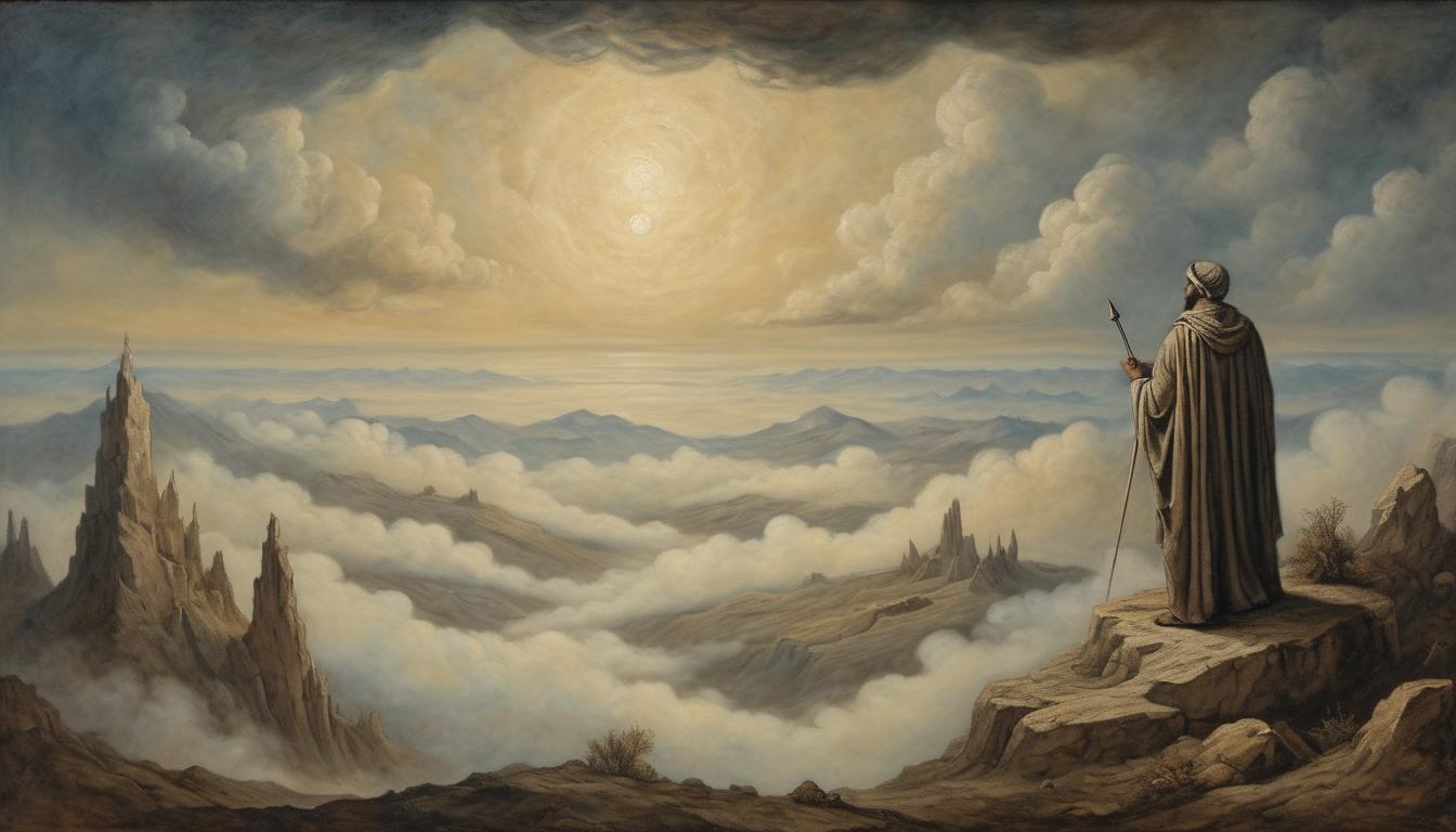  on parchment, surrealism++, central figure standing on a summit, arms crossed, surrounded by a faint glow, rugged landscape below, dynamic clouds above, mood of triumph and realization(mysterious, provocative, symbolic)++