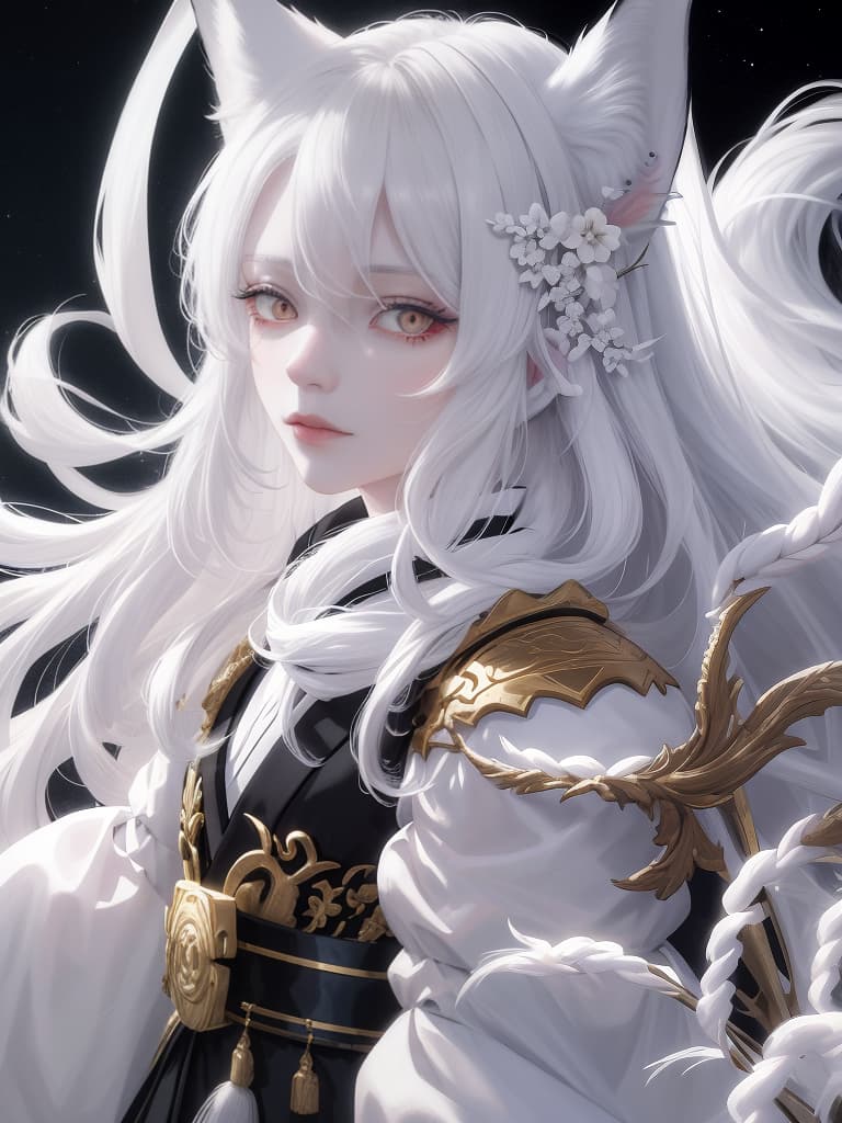  long white hair, fox ears, odda, the right eye, a man looking at it with a painful eye, 30s, the background is scattered at night, white is the main kimono., masterpiece, best quality,8k,ultra detailed,high resolution,an extremely delicate and beautiful,hyper detail