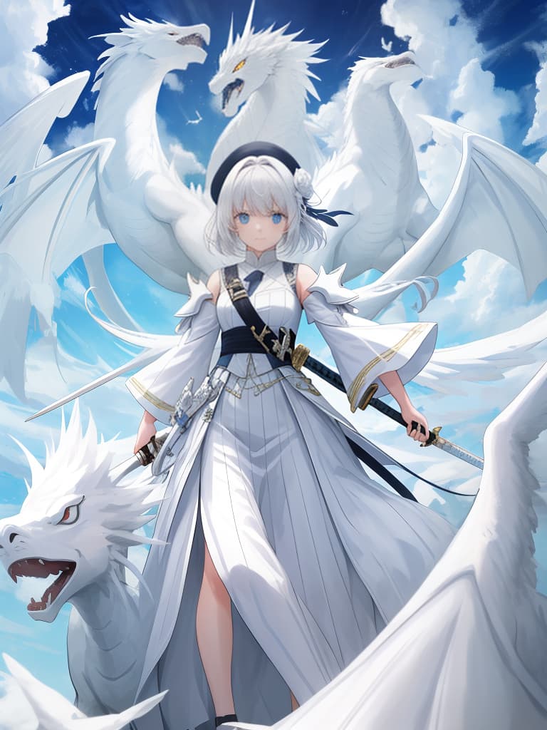  a girl with a sword, there is a white dragon behind