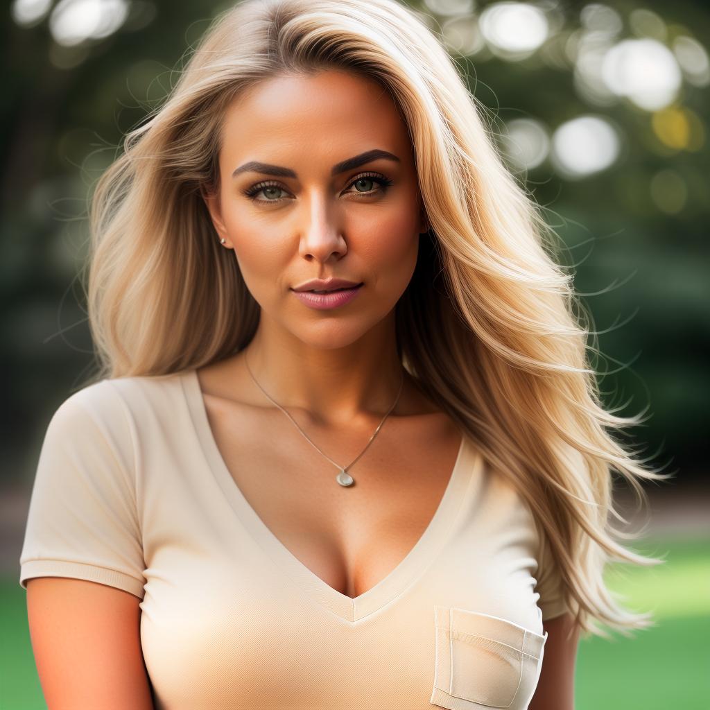  (((realistic full torso frontal head shot of a light beige to medium tan skin tone woman))), veronika ivy kaiser, ((caucasian heritage)), immature face, hazel eye color, ((long hair style)), ((blonde hair color)), ((curvy body type)), medium size, small size, (immature long narrow nose), (immature high cheekbones), (immature defined jawline), (immature broad forehead), (immature straight eyebrows), (immature pointed chin), standing straight looking directly into the camera,((wearing fitted polo shirt with deep v neck and monogrammed pocket)), backyard in background, 1girl, best quality, highest quality, award winning photo, masterpiece, raw, professional photography, photorealism, sharp focus, cinematic, high resolution, sh hyperrealistic, full body, detailed clothing, highly detailed, cinematic lighting, stunningly beautiful, intricate, sharp focus, f/1. 8, 85mm, (centered image composition), (professionally color graded), ((bright soft diffused light)), volumetric fog, trending on instagram, trending on tumblr, HDR 4K, 8K