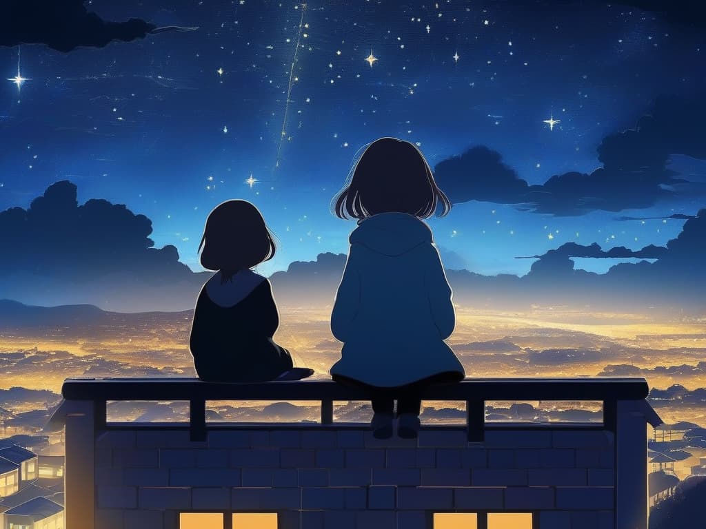  roof, night view, starry sky, small girl, sitting, scenery