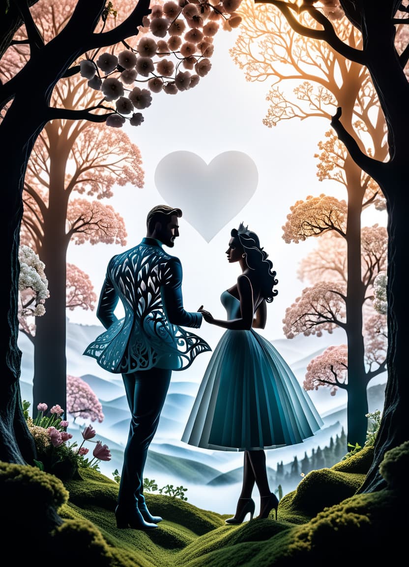  stacked papercut art of ((transparent frame in the form of silhouettes of a man and a woman in love, close up 1.5)). ((((inside the transparent silhouette 1, 7))): dawn, white cumulus clouds, crowns of trees in bloom, spring, love, romantic1,5))). (style):romantic fantasy art, advertising, poster, art design, . 3d, layered, dimensional, depth, precision cut, stacked layers, papercut, high contrast, hkmagic hyperrealistic, full body, detailed clothing, highly detailed, cinematic lighting, stunningly beautiful, intricate, sharp focus, f/1. 8, 85mm, (centered image composition), (professionally color graded), ((bright soft diffused light)), volumetric fog, trending on instagram, trending on tumblr, HDR 4K, 8K