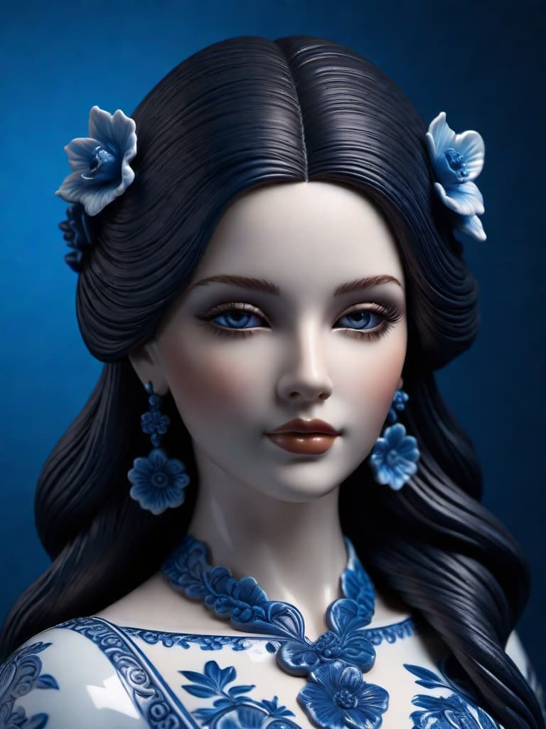  Close-up porcelain female figurine, looking to the camera, glossy surface, glaze, shiny, blue floral tattoos on her, dark gradient background, baroque dark style, hyperrealistic, CG society, intricate details