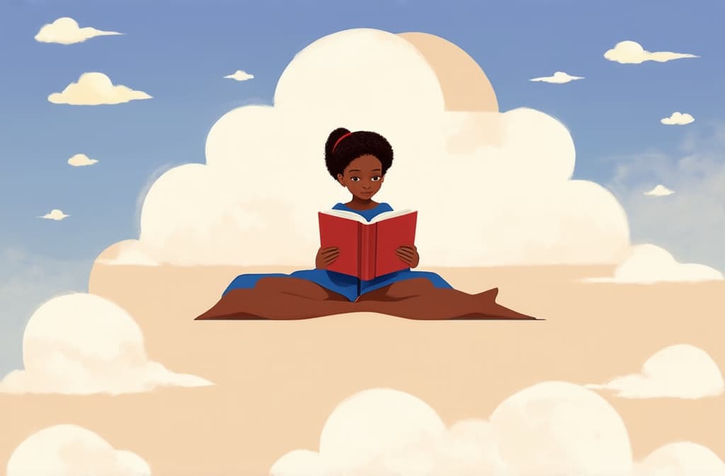  flat illustration, flaticon, (illustration:1.15), literary fan young african girl in the sky on a cloud reading a book. funny, abstract cartoon people on beige. 3d rendering. ar 3:2, [cory loftis, strobist, pascal campion :: 0.2]