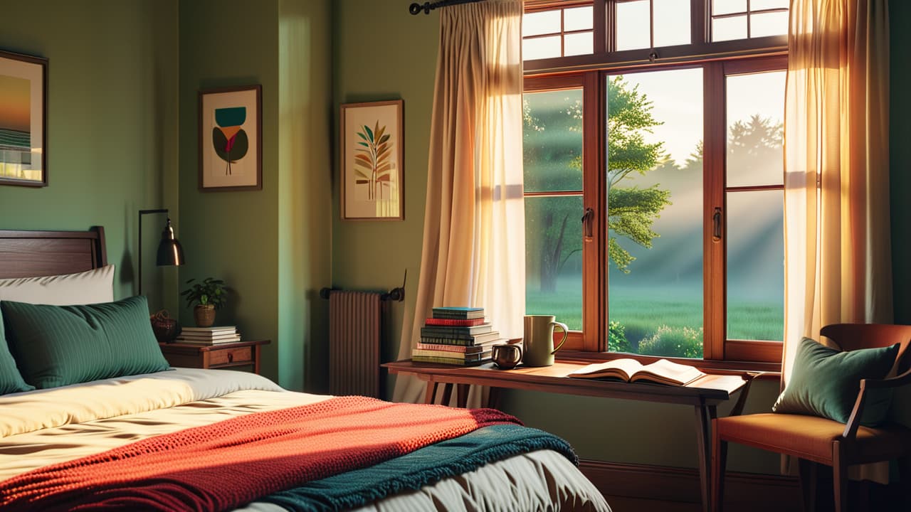  a serene sunrise over a peaceful bedroom, featuring a cozy bed, an open window with gentle curtains fluttering, a journal and a steaming mug of tea on a bedside table, and soft ambient lighting. hyperrealistic, full body, detailed clothing, highly detailed, cinematic lighting, stunningly beautiful, intricate, sharp focus, f/1. 8, 85mm, (centered image composition), (professionally color graded), ((bright soft diffused light)), volumetric fog, trending on instagram, trending on tumblr, HDR 4K, 8K