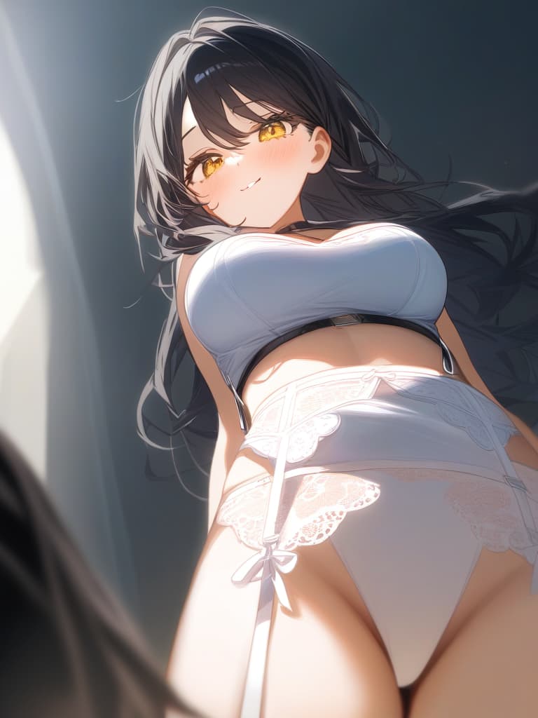  cute face focus,cute,young,long hair,black hair,yellow eyes,garter belt,