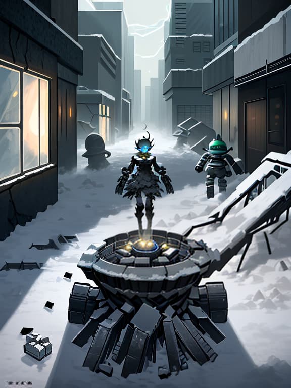  post apocalypse. darkness. a snowstorm. a robot that hides a pot with a small flower from the cold goes through a strong wind through a destroyed frozen city.