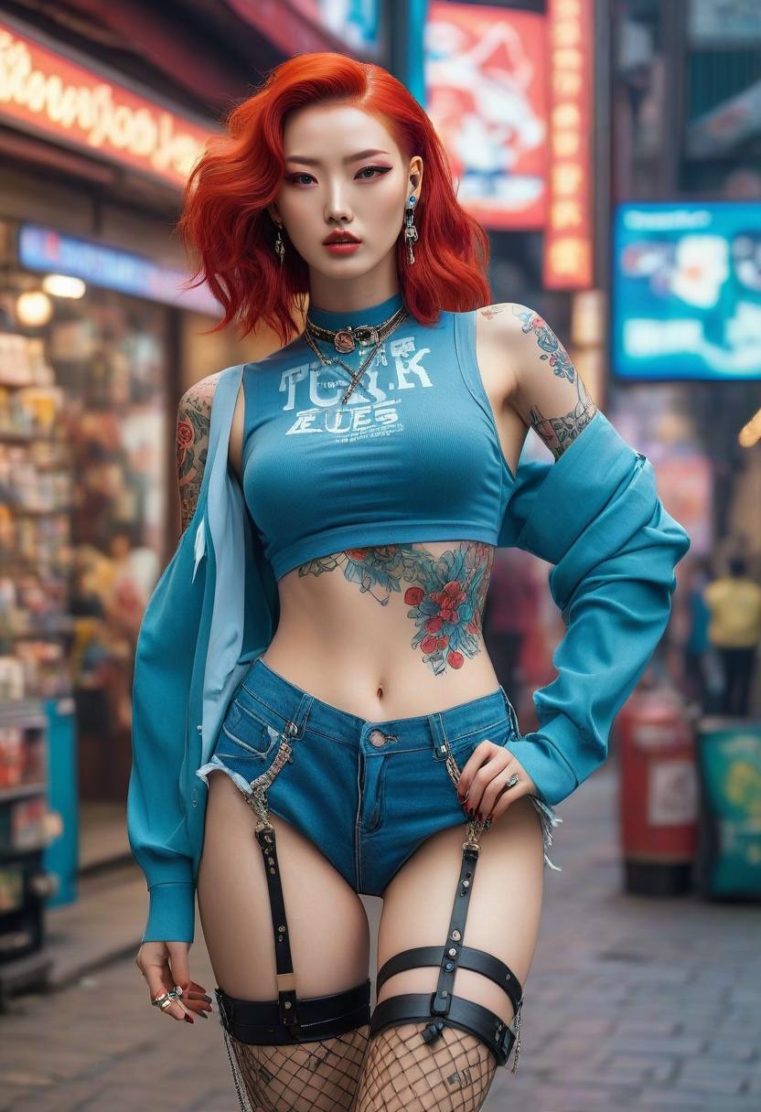  vaporwave style informal korean young , full body, show a with legs, standing , white skin, perfect skin, распущенные волосы,long red hair, red hair, delicate face, full body, slender legs, high heeled ylons, leg tattoos, round heads, fox ears on her head, build, delicate facial features, tattoo on her face, a lot of piercings on her face, , , gloss , tattoos on her arms, tattoos on her , piercing, informal style, extreme detailing, 8k, realistic, hyperrealisme, masterpiece, digital photo, . retro aesthetic, cyberpunk, vint, neon colors, vintage 80s and 90s style, highly detailed, perfecteyes hyperrealistic, full body, detailed clothing, highly detailed, cinematic lighting, stunningly beautiful, intricate, sharp focus, f/1. 8, 85mm, (centered image composition), (professionally color graded), ((bright soft diffused light)), volumetric fog, trending on instagram, trending on tumblr, HDR 4K, 8K