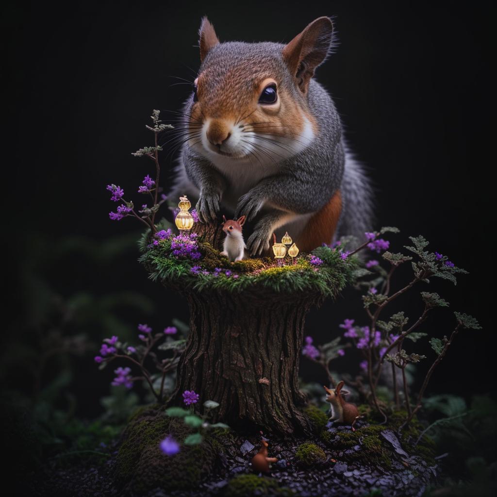  this squirrel inside a enchanted fores whit fairies and gnomes hyperrealistic, full body, detailed clothing, highly detailed, cinematic lighting, stunningly beautiful, intricate, sharp focus, f/1. 8, 85mm, (centered image composition), (professionally color graded), ((bright soft diffused light)), volumetric fog, trending on instagram, trending on tumblr, HDR 4K, 8K