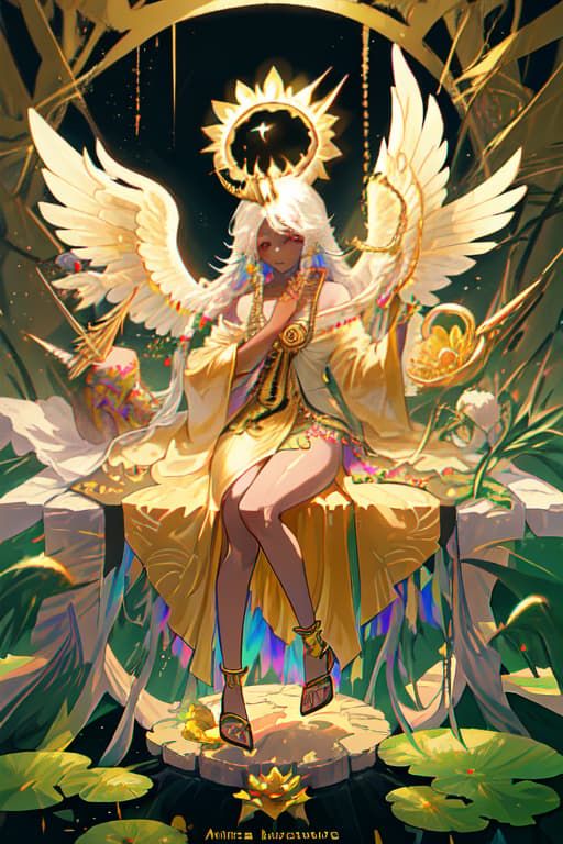  An African goddess clothes in golden robe with rainbow dreadlocks who has fluffy white angel wings sit on a giant lotus flower holding a unicorn horn in her hand.