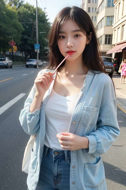  image of a beautiful young woman holding a lollipop, advertising photo,high quality, good proportion, masterpiece , the image is captured with an 8k camera