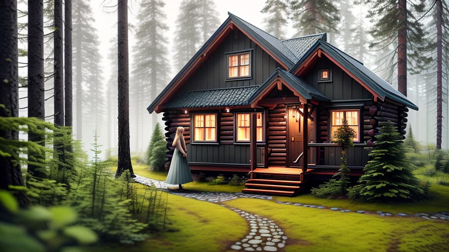  Scandinavian forest, gloomy background, gloomy cabin, Scandinavian girl, light hair with basket, (intricate details:0.9), (hdr, hyperdetailed:1.2) hyperrealistic, full body, detailed clothing, highly detailed, cinematic lighting, stunningly beautiful, intricate, sharp focus, f/1. 8, 85mm, (centered image composition), (professionally color graded), ((bright soft diffused light)), volumetric fog, trending on instagram, trending on tumblr, HDR 4K, 8K
