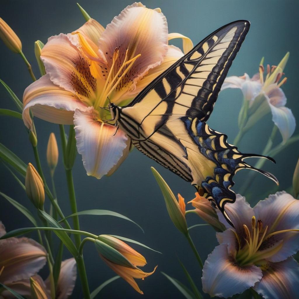  Beautiful swallowtail butterfly on daylilies hyperrealistic, full body, detailed clothing, highly detailed, cinematic lighting, stunningly beautiful, intricate, sharp focus, f/1. 8, 85mm, (centered image composition), (professionally color graded), ((bright soft diffused light)), volumetric fog, trending on instagram, trending on tumblr, HDR 4K, 8K