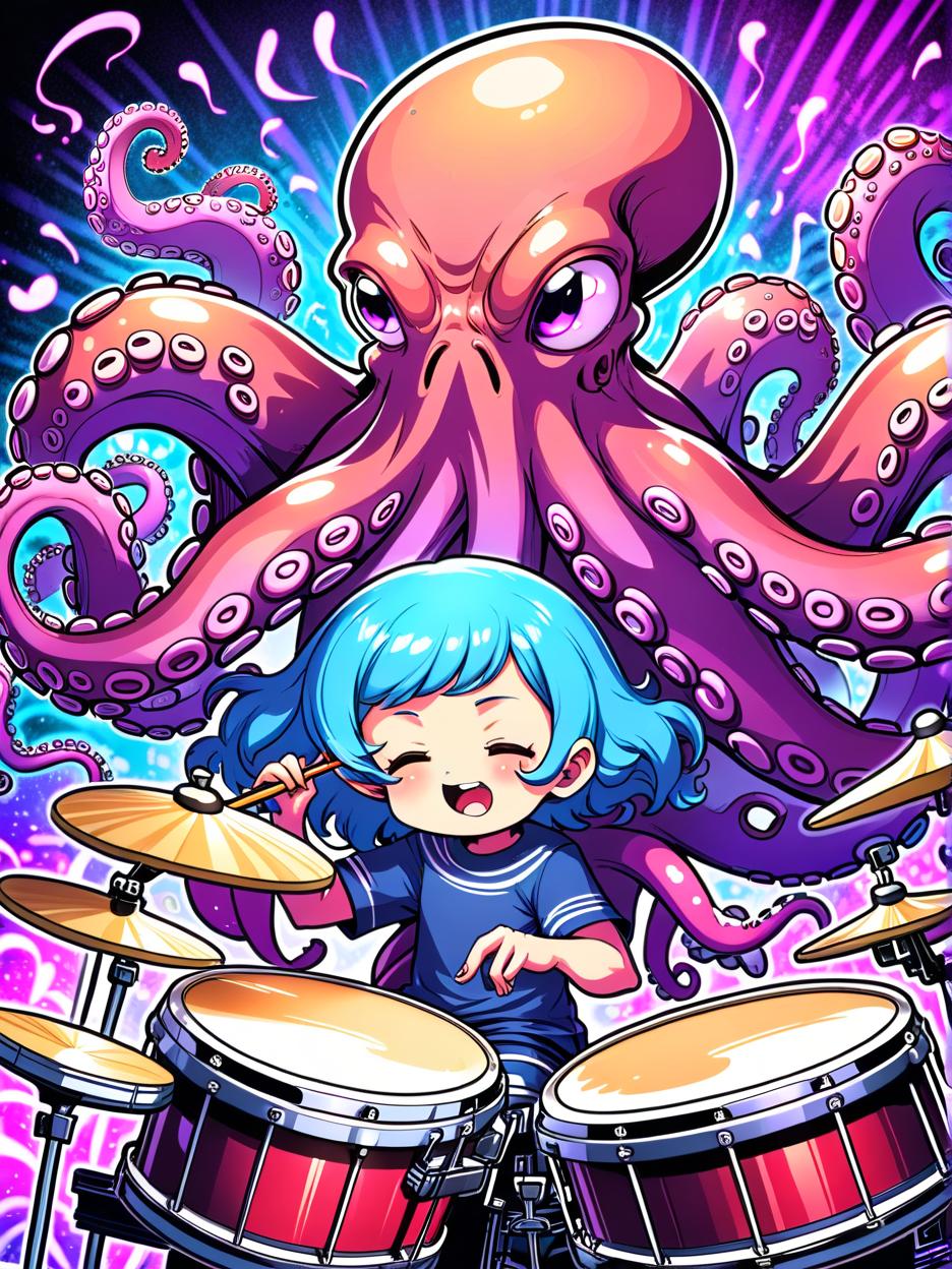  manga artwork octopus playing the drums high on lsd alone. manga artist. manga, highly emotional. best quality, high resolution