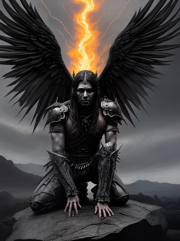  kneeling lucifer, with ragged wings, with white skin, in black armor, in a black crown, with black obsidian eyes, looks up, fiery tears flow from his eyes, stands on a rock in the middle of a gray wasteland, looks into the fiery sky, in front of him is a broken spear.