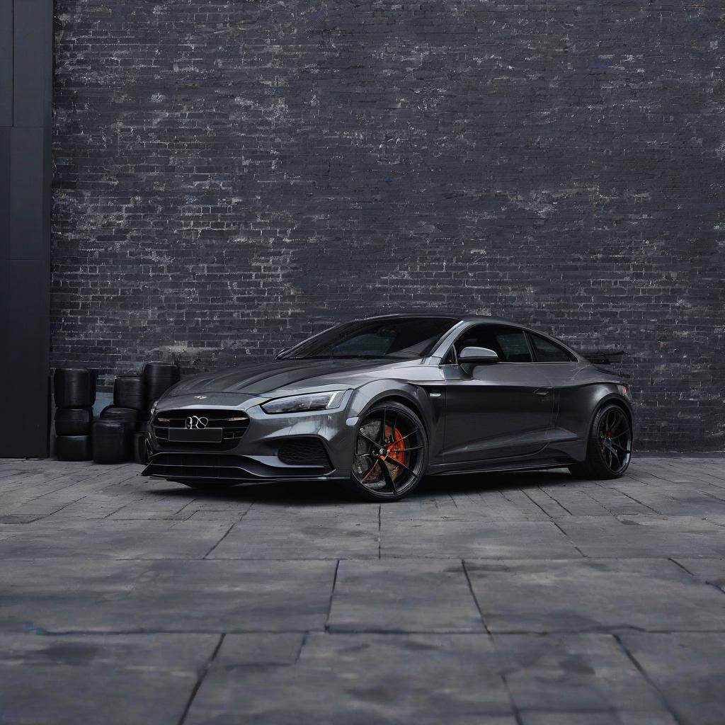  sports modern car stands against the background of a black brick building, black and gray style