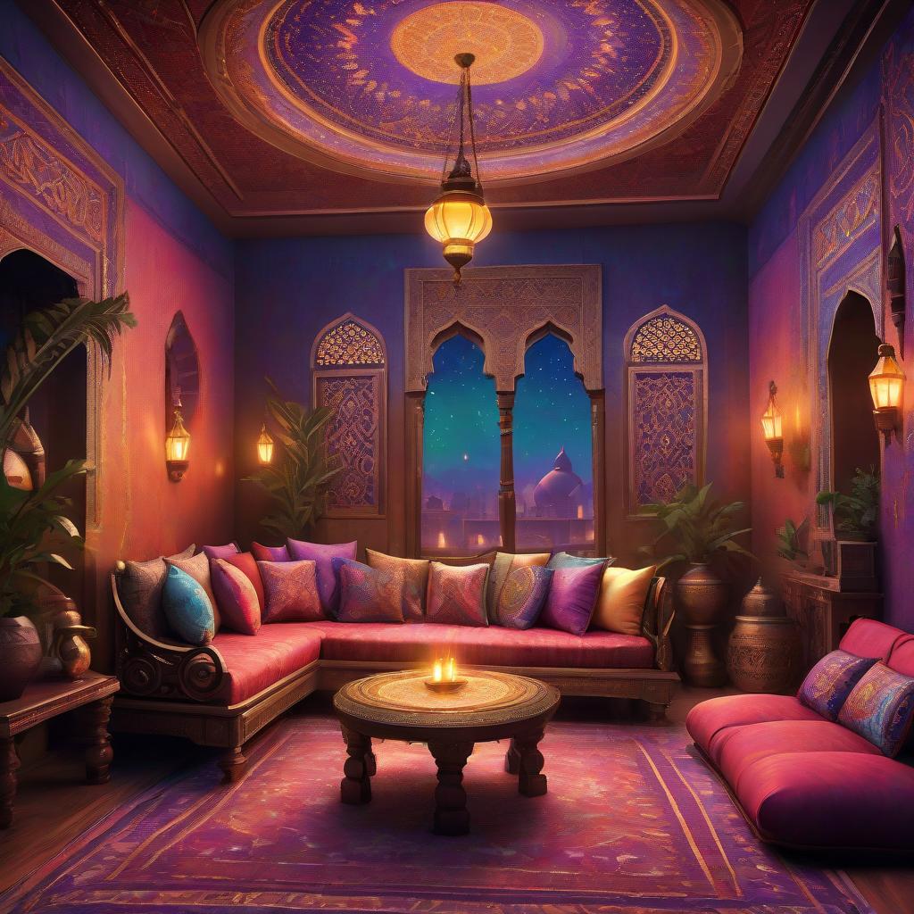  a digital art piece depicting an aladdin inspired interior, featuring rich colors and patterns inspired by the movie's setting. the room is adorned with ornate seating and colorful cushions, creating a magical ambiance reminiscent of arabian nights stories. soft lighting adds to its enchanting atmosphere. this digital art was created using adobe photoshop on a high resolution monitor, showcasing detailed textures and intricate designs