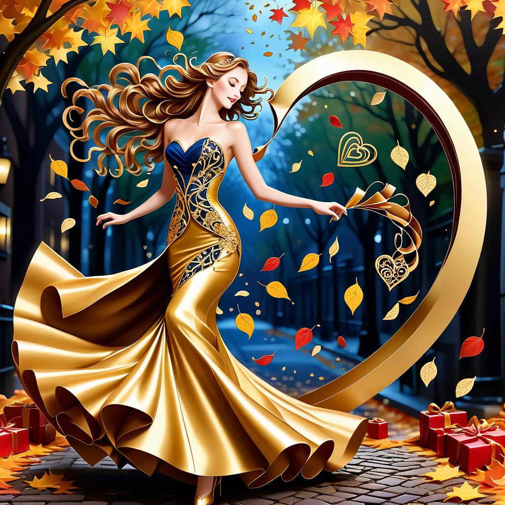  luxury product style on a carpet of yellow leaves in a simple dress of wind given crepe autumn danced a waltz boston in an alleyway. the warm day flew away and the saxophone sang hoarsely. (background of the card): falling autumn leaves, a whirlwind of autumn leaves, wind saxophone, ((a box of chocolates, the inscription "autumn waltz")) , a greeting card. (heart), a beautiful figure made of contours in the shape of a heart. (heart colour): night sky background, stars, gold pattern. (style):fantasy, autumn art, autumn romance. (colours):gold, green gold, navy blue, red, red gold, brown gold, silver, golden blue, bluish blue, dark blue on gold . elegant, sophisticated, high end, luxurious, professional, highly detailed