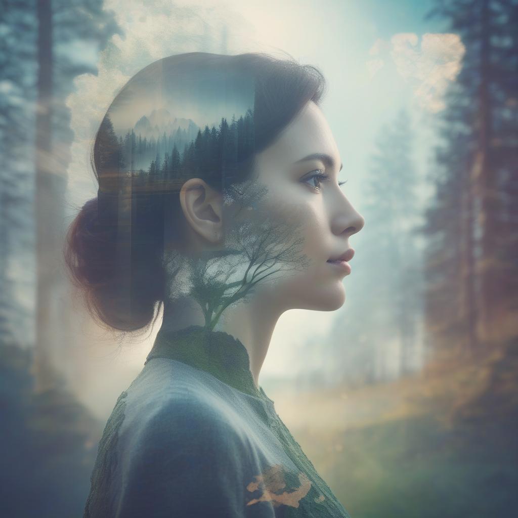  double exposure double exposure portrait beautiful side profile face with double exposed background fantasy environment epic surroundings idillic setting calm ai art