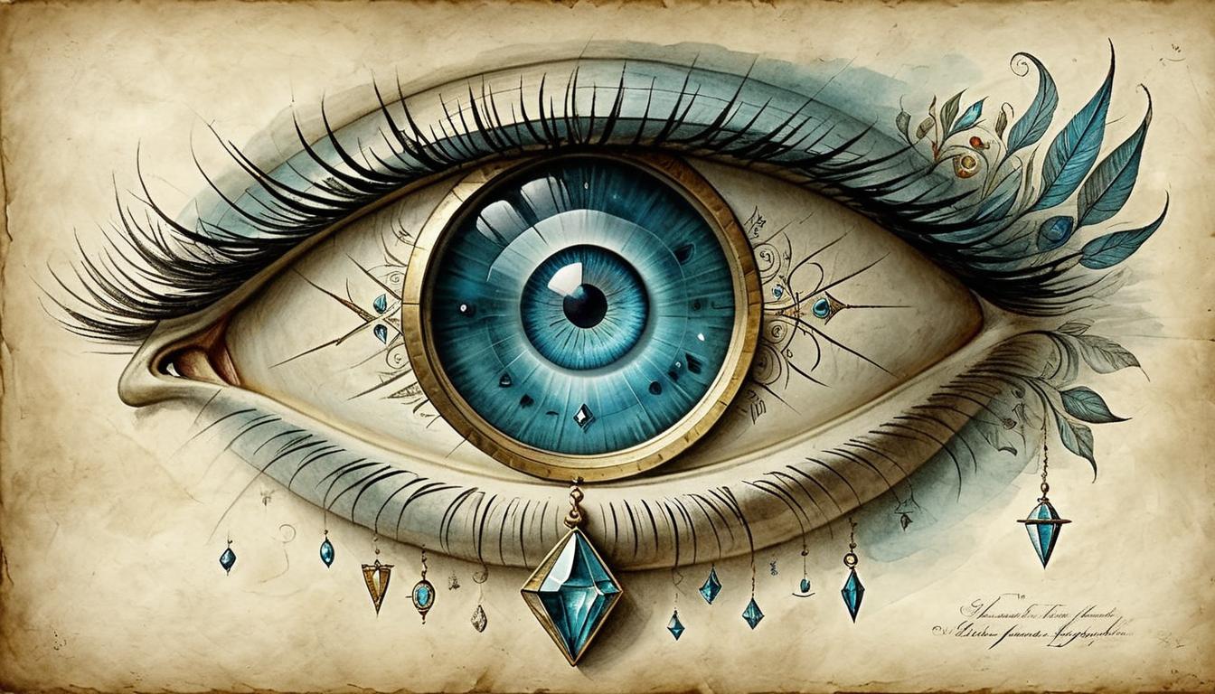  on parchment, surrealism+++, an eye with facets like a jewel, radiating light and clarity, symbolizing divine vision, presence of responsibility(mysterious, provocative, symbolic,muted color)+++