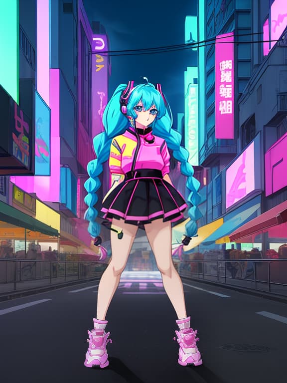  girl anime gamer in neon headphones against the background of the city of the future, hairstyle with two braids ponytails, character, full body, concept design, sheet, ultra wide view, ultra detailed