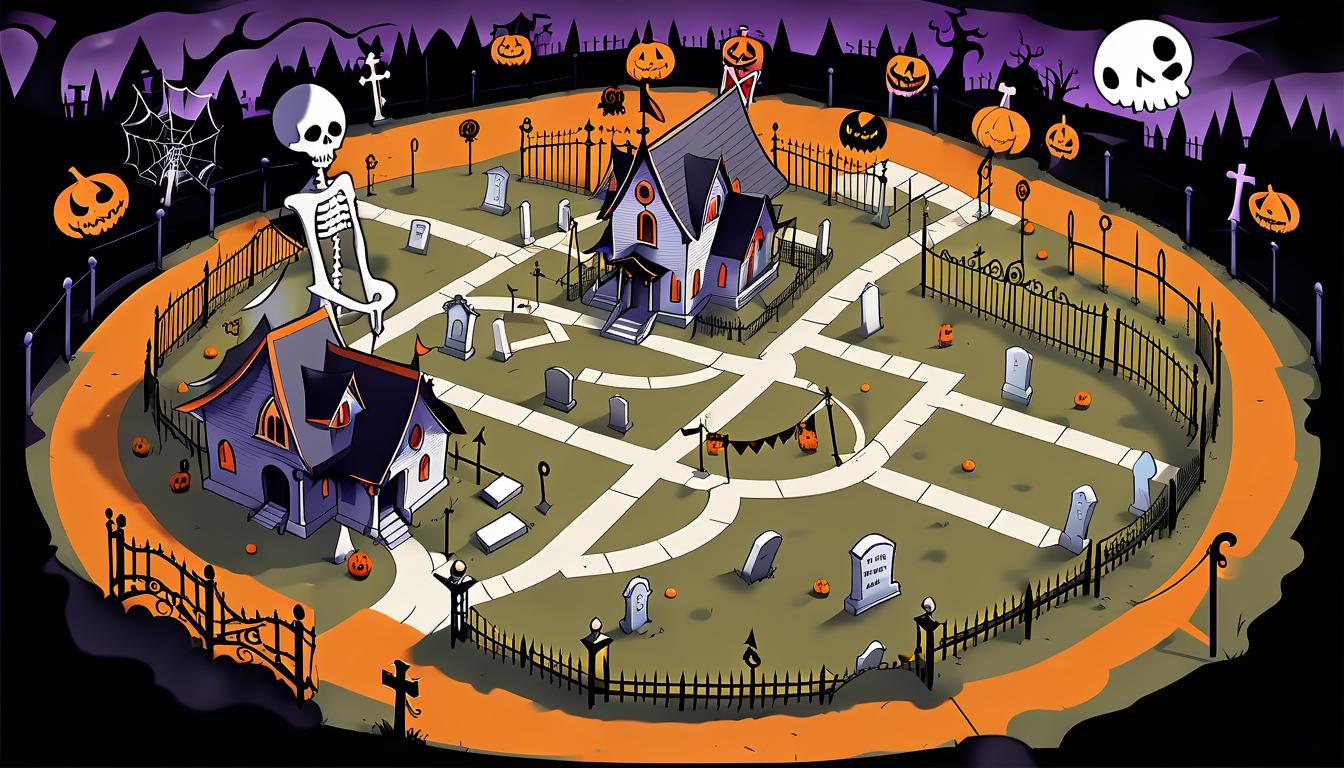  map of the area in the style of halloween anime soul eater on which there is a cemetery surrounded by a fence, a creepy house and a circus tent