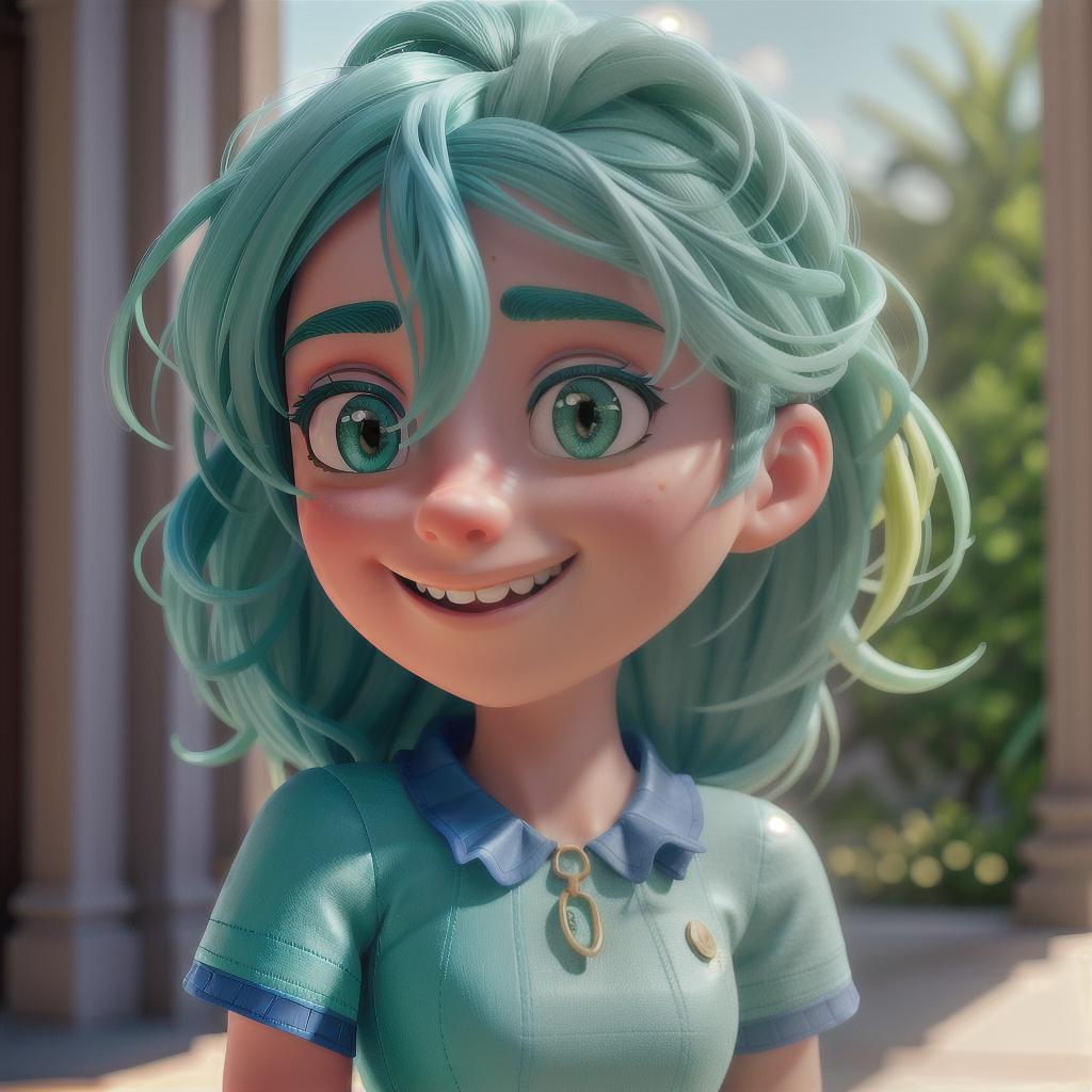  A extremely happy girl who’s skin is yellow and has blue eyes and blue hair and wears a green dress hyperrealistic, full body, detailed clothing, highly detailed, cinematic lighting, stunningly beautiful, intricate, sharp focus, f/1. 8, 85mm, (centered image composition), (professionally color graded), ((bright soft diffused light)), volumetric fog, trending on instagram, trending on tumblr, HDR 4K, 8K