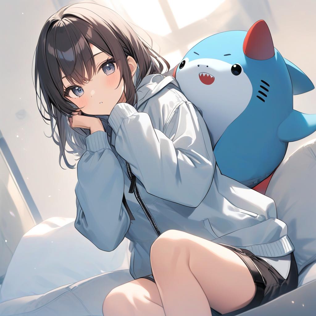  shark girl, with hammerhead plushie, light blue hoodie