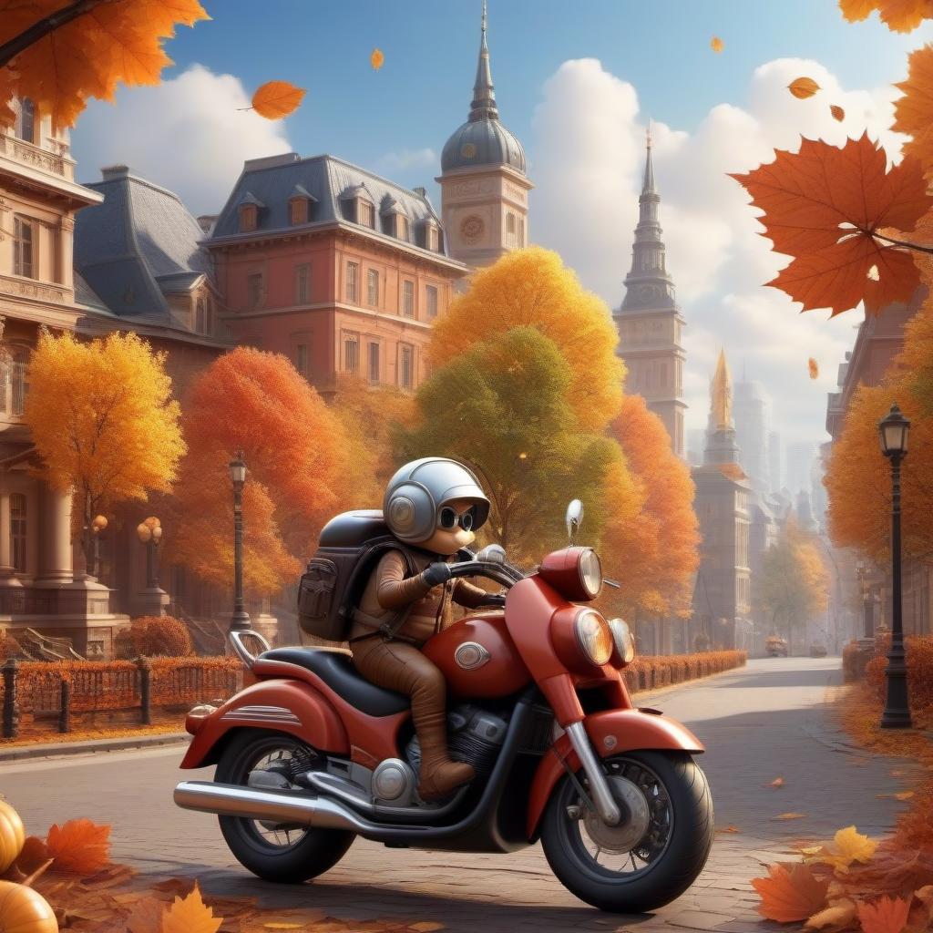  A snail on a motorcycle rides through the autumn city to meet leaf fall, draw details, a dynamic picture in the style of a kortoon