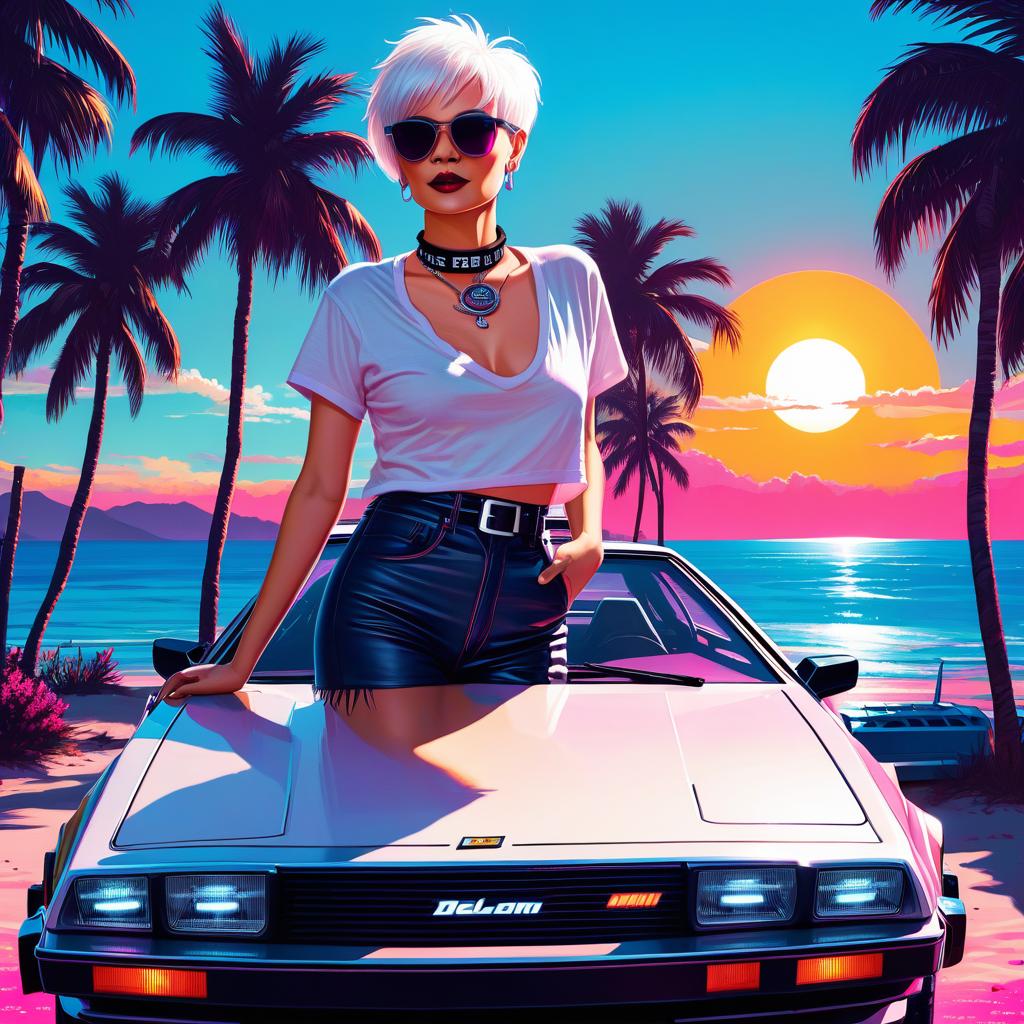  a woman with short white hair, a pixie haircut in sunglasses, a top t shirt, with a choker around her neck, stands in full height near a delorean dmc 12 car. seaside, palm shade. neon sunset, neon inscription "neon cherry", digital photo, high detail, high realism.