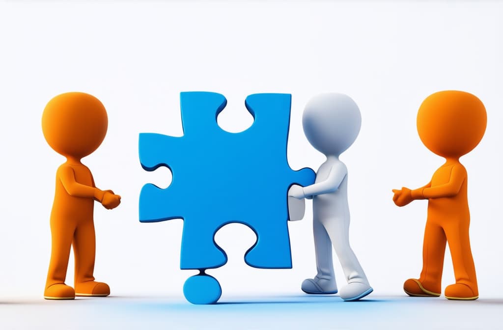  people connecting puzzle pieces. 3d illustration. cartoon characters. business teamwork concept on white background ar 3:2 {prompt}, maximum details