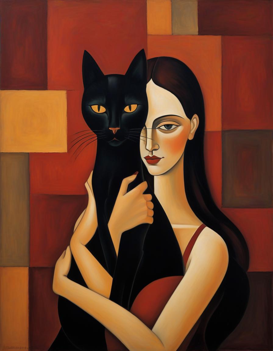  a painting of a woman with a black cat in the style of modigliani, with dark red and light amber colors, minimally editing the original text