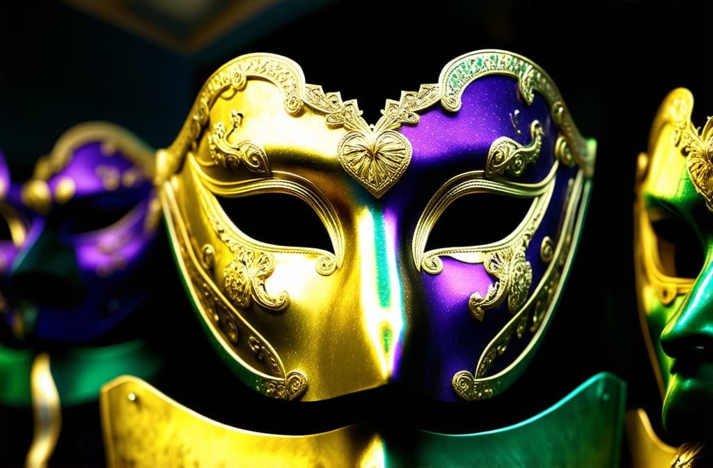  epic realistic, hyperdetailed, (cycles render:1.3), caustics, (glossy:0.58), (artstation:0.82),venetian mardi gras masks in golden purple green color ar 3:2