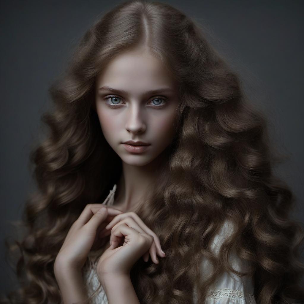  a beautiful slavic woman with long wavy hair. (highest quality, super detailed: 1.3), (beautiful hands, perfect hands), official art, cinematic light, (1 girl:1.3), adult, hyperrealistic eyes, black background, sculpture, shading, porcelain skin, bold, multidimensional, rocco style shapes,