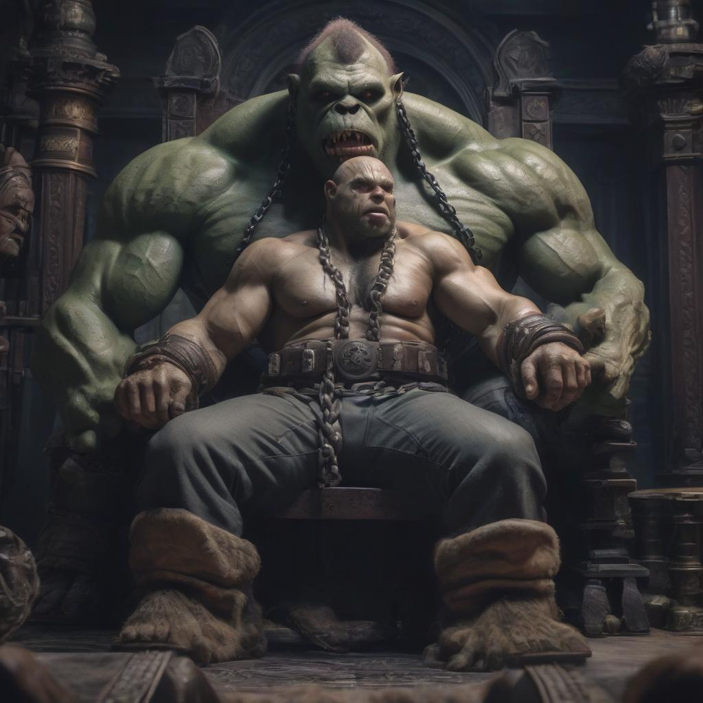  photorealistic picture. an orc chained stands before the king on a throne. the king man has a big belt in his hands.