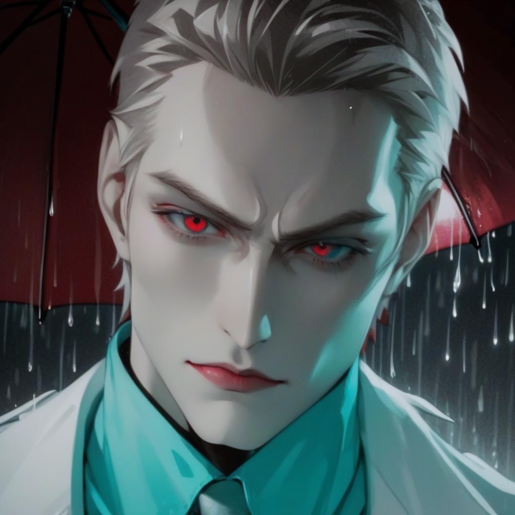  manga style male. vampire. pale skin. sharp features. dangerous look. beautiful eyes. in a white jacket. under a red umbrella. rain. . vibrant, high energy, detailed, iconic, japanese comic style