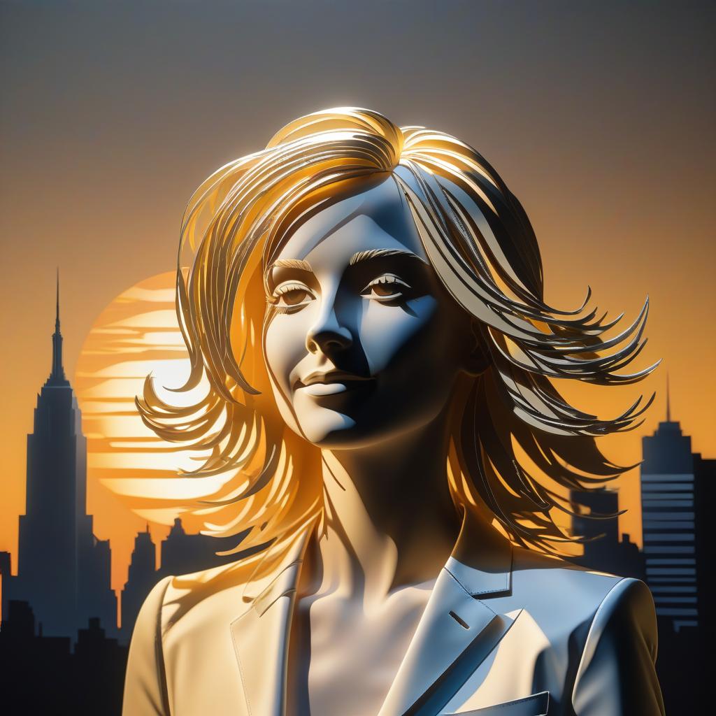  stacked papercut art of sunrise in the background, a piece of sun is visible, in the foreground on the side of the girl blonde in a transparent suit illuminated by a spotlight in the front, slightly smiles, close up face, photorealism, in the background the silhouette of the city in a blurred focus is slightly dark. . 3d, layered, dimensional, depth, precision cut, stacked layers, papercut, high contrast