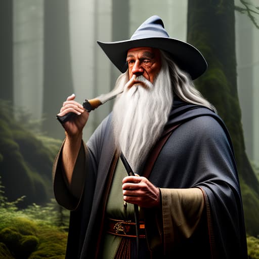  gandalf in his hat in the forest in august smokes a pipe hyperrealistic, full body, detailed clothing, highly detailed, cinematic lighting, stunningly beautiful, intricate, sharp focus, f/1. 8, 85mm, (centered image composition), (professionally color graded), ((bright soft diffused light)), volumetric fog, trending on instagram, trending on tumblr, HDR 4K, 8K