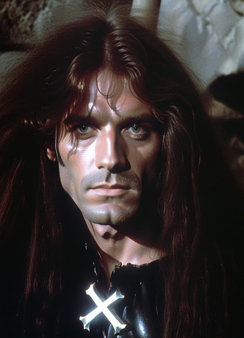  dvd screengrab, man with long hair from 1982 dark fantasy film, "excalibur"