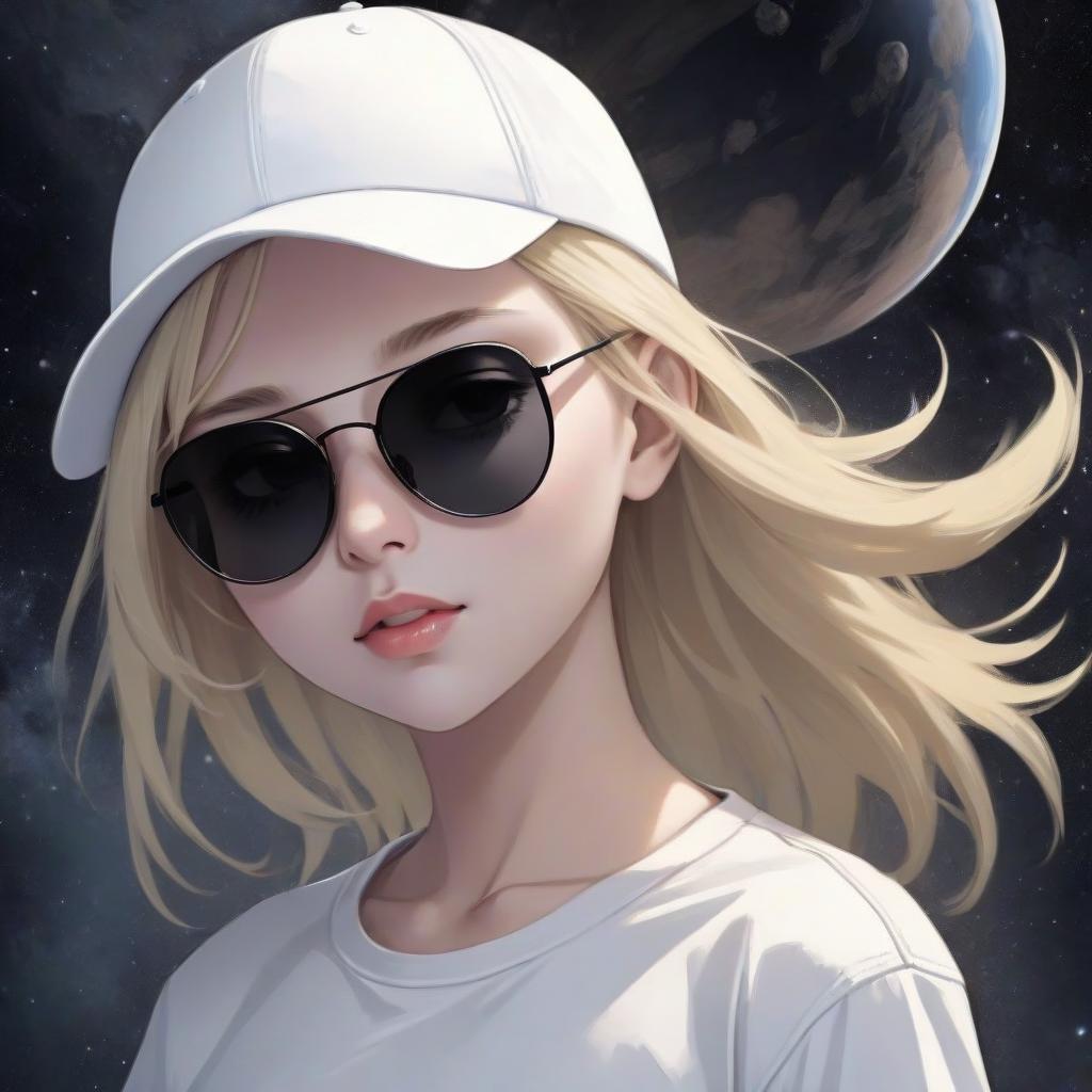  blonde girl in a white t shirt, dark sunglasses and a white cap, space