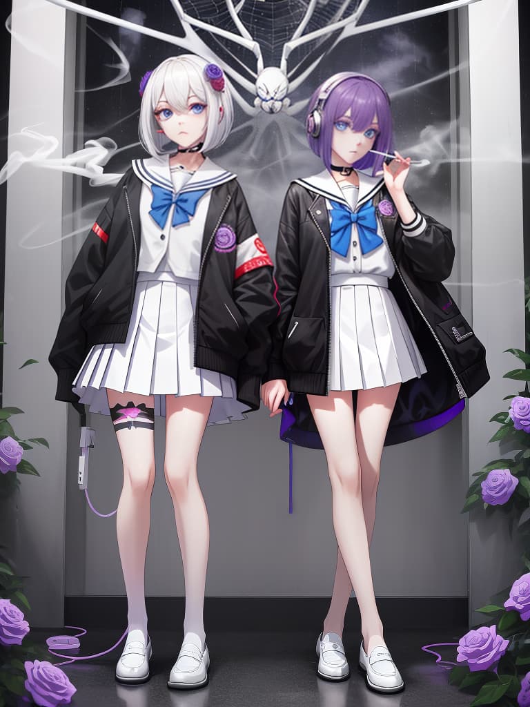  headphones, s with purple rose on the left , s with blue eyes, smoking cigarettes, mine makeup, bob hair s, s who smoke cigarettes, headphones. , spider's nest tattoo on the left arm, souvenir jacket, white sailor suit, white pleated , whole body, wearing black loafers, masterpiece, best quality,8k,ultra detailed,high resolution,an extremely delicate and beautiful,hyper detail