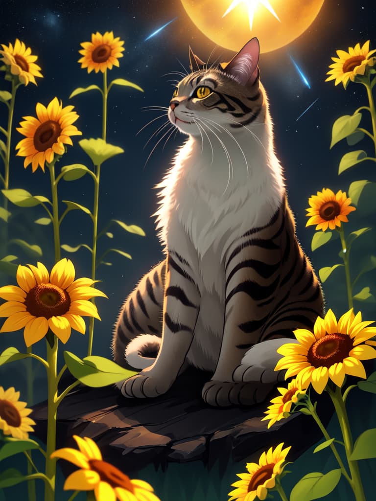  1cat，small cat ，sit and look up，sunflower flower facing upward ，sunflower field ，shooting star ，（（low angle）），midnight，night， hyperrealistic, full body, detailed clothing, highly detailed, cinematic lighting, stunningly beautiful, intricate, sharp focus, f/1. 8, 85mm, (centered image composition), (professionally color graded), ((bright soft diffused light)), volumetric fog, trending on instagram, trending on tumblr, HDR 4K, 8K