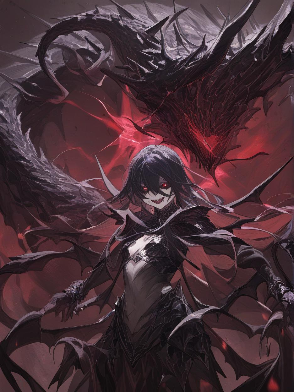  an anime photo of a sorceress wearing a mixture of matte black metal with armor of iridescent synthetic cloths. the woman transformed into a monstrous black dragon, merging with her armor, creating a terrifying, toothy, eyeless smile with several red rune marks on her black body, tentacles on her back and frightening broken wings, red rays coming out of her body and scaring everyone who meets her . best quality, high resolution