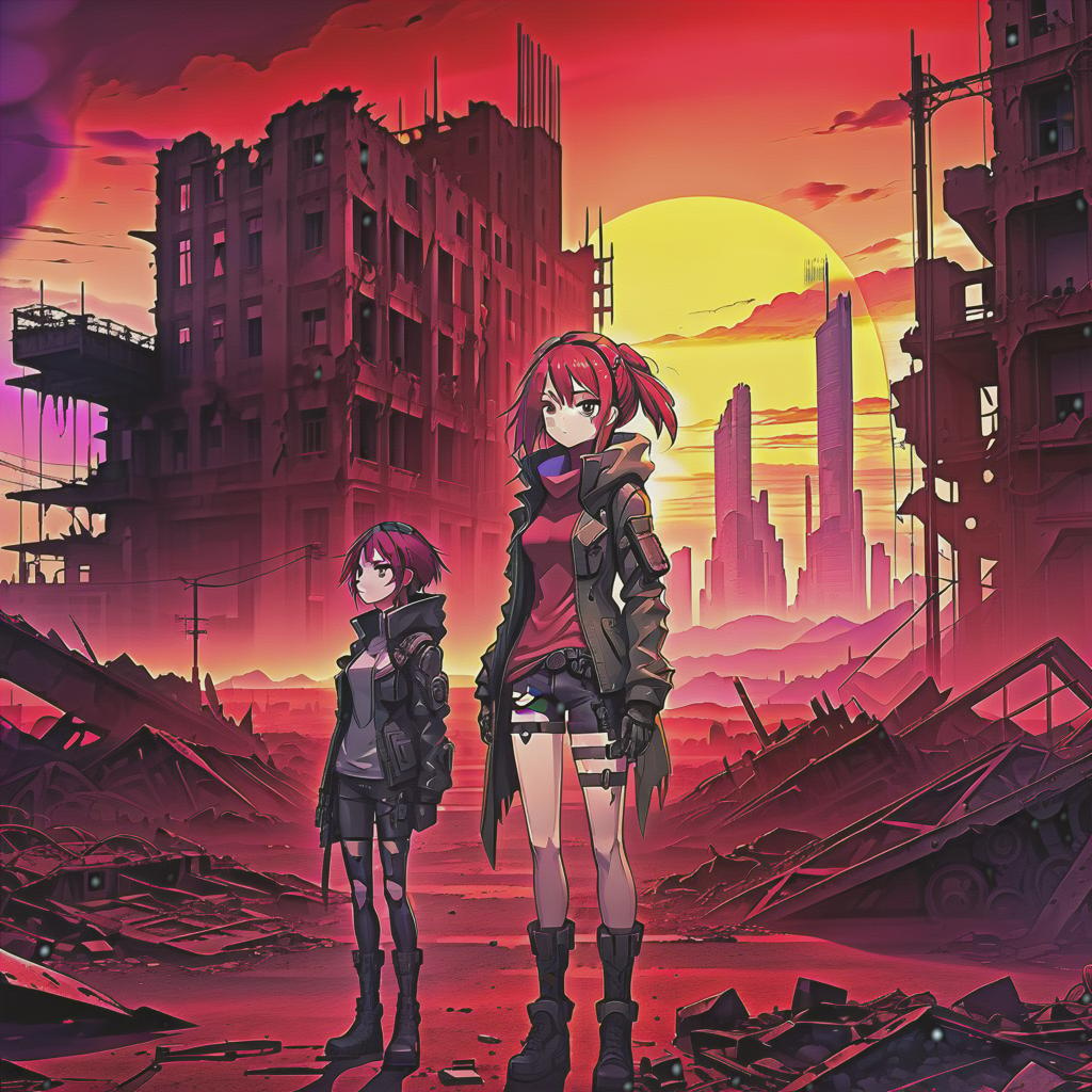  anime artwork high quality anime image, woman standing in a post apocalyptic landscape with ruined buildings, cyberpunk art, the red sunset . anime style, key visual, vibrant, studio anime, highly detailed